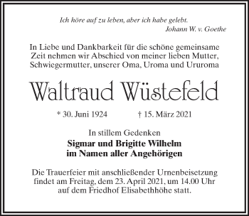 Traueranzeige von Waltraud Wüstefeld von Märkischen Allgemeine Zeitung