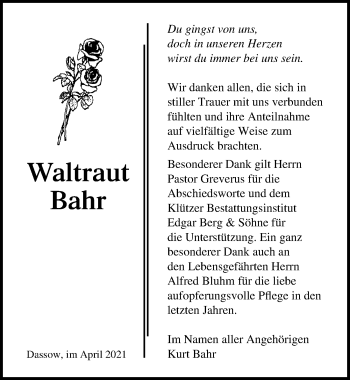 Traueranzeige von Waltraut Bahr von Ostsee-Zeitung GmbH