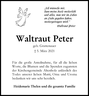 Traueranzeige von Waltraut Peter von Kieler Nachrichten
