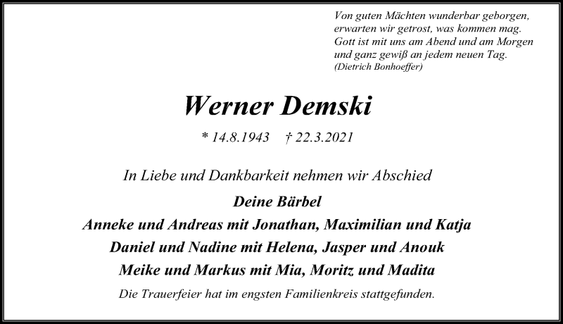  Traueranzeige für Werner Demski vom 02.04.2021 aus Lübecker Nachrichten