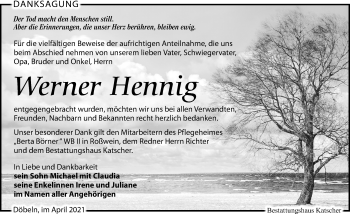 Traueranzeige von Werner Hennig von Leipziger Volkszeitung