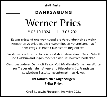 Traueranzeige von Werner Pries von Ostsee-Zeitung GmbH