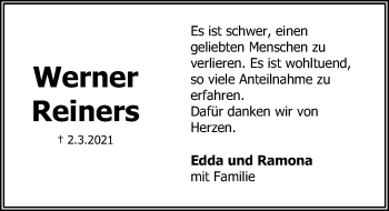 Traueranzeige von Werner Reiners von Aller Zeitung