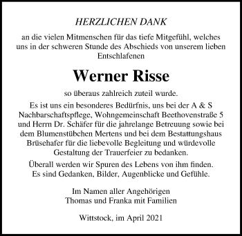 Traueranzeige von Werner Risse von Märkischen Allgemeine Zeitung