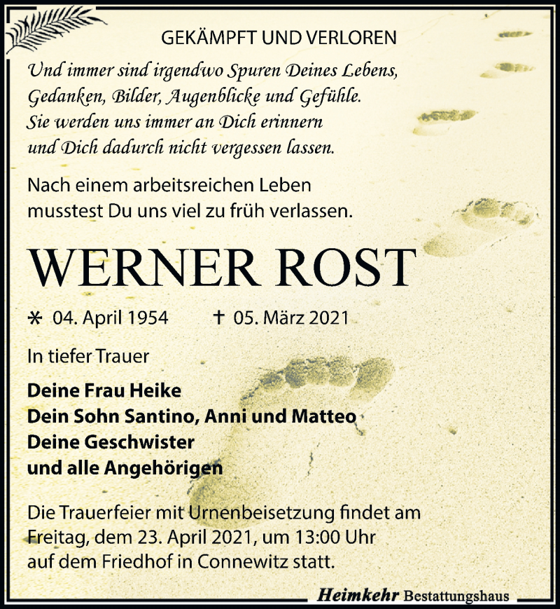  Traueranzeige für Werner Rost vom 10.04.2021 aus Leipziger Volkszeitung
