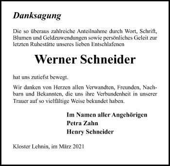 Traueranzeige von Werner Schneider von Märkischen Allgemeine Zeitung