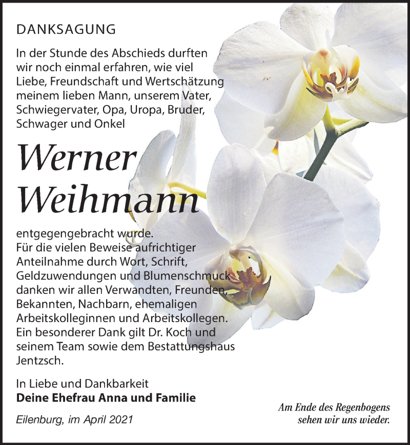  Traueranzeige für Werner Weihmann vom 24.04.2021 aus Leipziger Volkszeitung