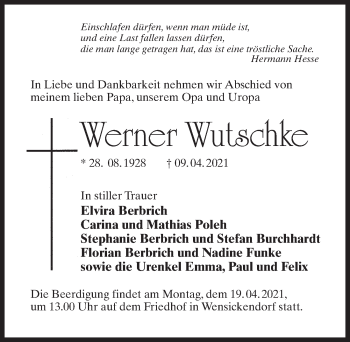 Traueranzeige von Werner Wutschke von Märkischen Allgemeine Zeitung