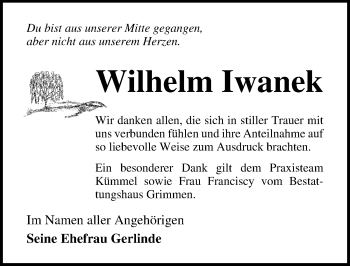 Traueranzeige von Wilhelm Iwanek von Ostsee-Zeitung GmbH