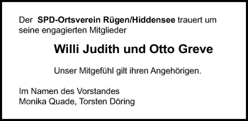 Traueranzeige von Willi Judith von Ostsee-Zeitung GmbH