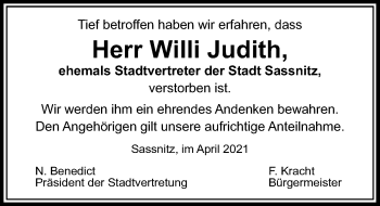 Traueranzeige von Willi Judith von Ostsee-Zeitung GmbH
