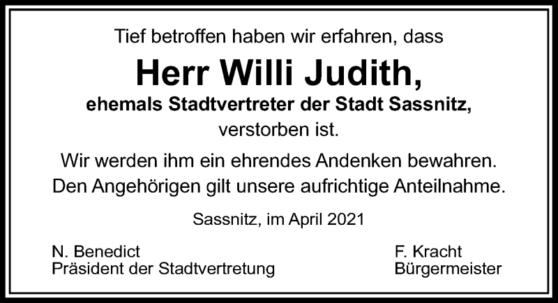  Traueranzeige für Willi Judith vom 10.04.2021 aus Ostsee-Zeitung GmbH
