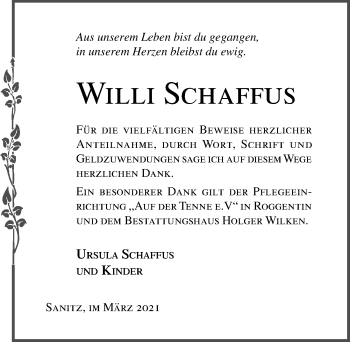 Traueranzeige von Willi Schaffus von Ostsee-Zeitung GmbH