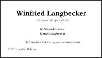 Traueranzeige von Winfried Langbecker von Lübecker Nachrichten