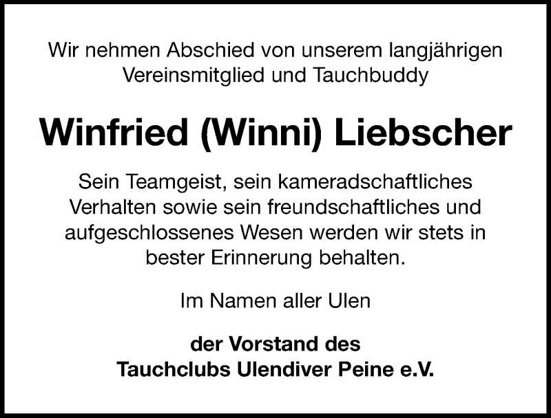  Traueranzeige für Winfried  Liebscher vom 03.04.2021 aus Peiner Allgemeine Zeitung