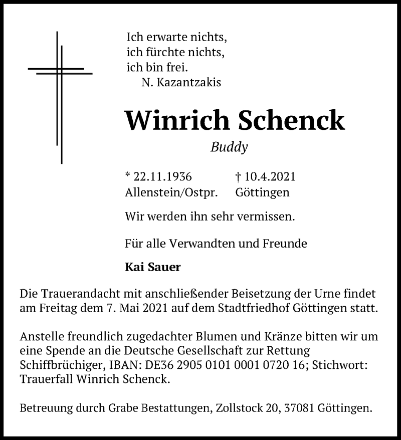  Traueranzeige für Winrich Schenck vom 17.04.2021 aus Göttinger Tageblatt