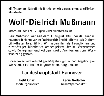Traueranzeige von Wolf-Dietrich Mußmann von Hannoversche Allgemeine Zeitung/Neue Presse