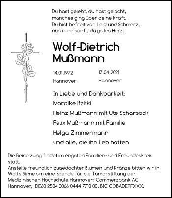 Traueranzeige von Wolf-Dietrich Mußmann von Hannoversche Allgemeine Zeitung/Neue Presse