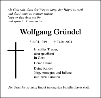 Traueranzeige von Wolfgang Gründel von Märkischen Allgemeine Zeitung