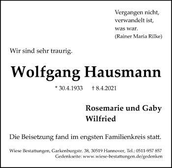 Traueranzeige von Wolfgang Hausmann von Hannoversche Allgemeine Zeitung/Neue Presse