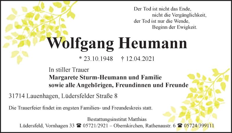  Traueranzeige für Wolfgang Heumann vom 17.04.2021 aus Schaumburger Nachrichten
