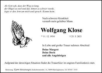 Traueranzeige von Wolfgang Klose von Hannoversche Allgemeine Zeitung/Neue Presse