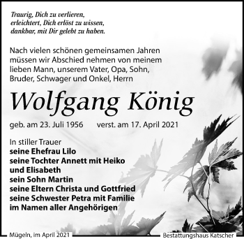 Traueranzeige von Wolfgang König von Leipziger Volkszeitung