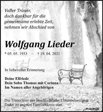 Traueranzeige von Wolfgang Lieder von Leipziger Volkszeitung
