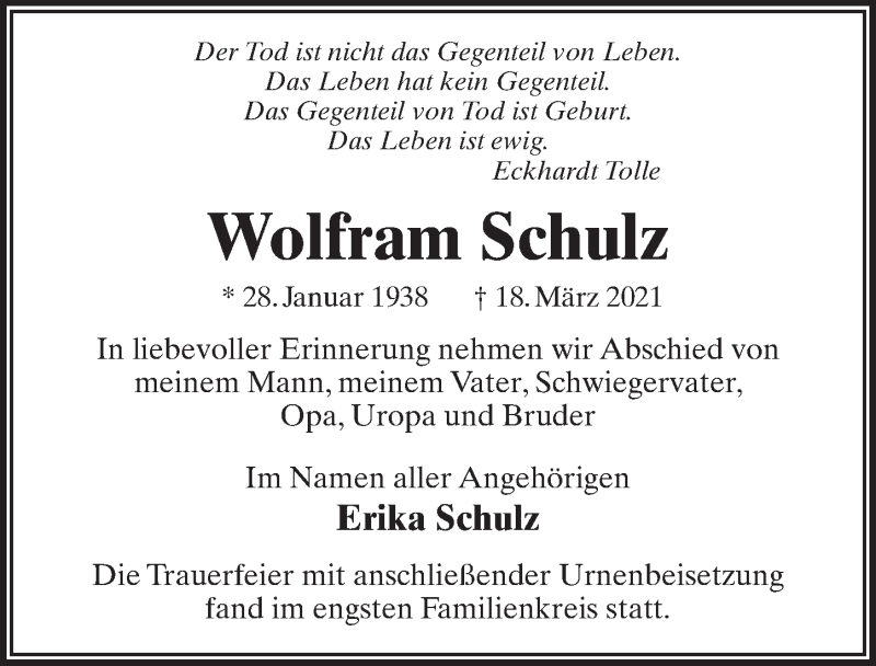 Traueranzeige für Wolfram Schulz vom 30.04.2021 aus Märkischen Allgemeine Zeitung
