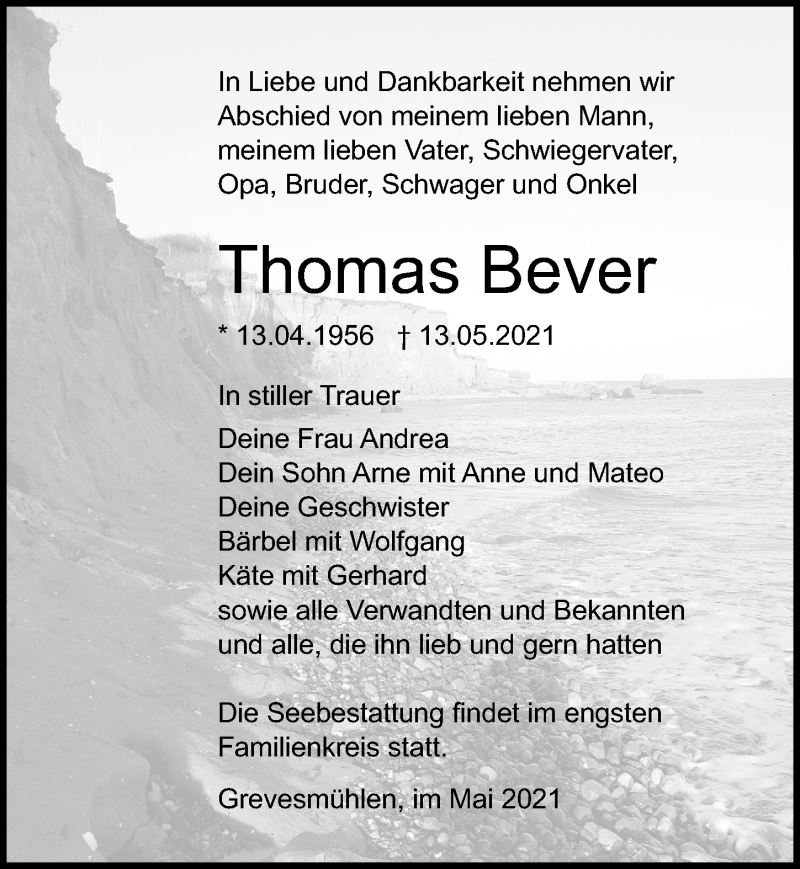  Traueranzeige für Thomas Bever vom 22.05.2021 aus Ostsee Zeitung 