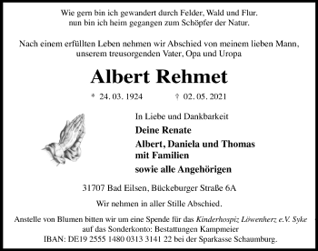 Traueranzeige von Albert Rehmet von Schaumburger Nachrichten