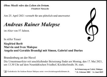 Traueranzeige von Andreas Rainer Malepse von Märkischen Allgemeine Zeitung