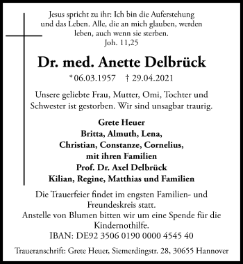 Traueranzeige von Anette Delbrück von Hannoversche Allgemeine Zeitung/Neue Presse