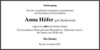 Traueranzeige von Anna Höfer von Märkischen Allgemeine Zeitung