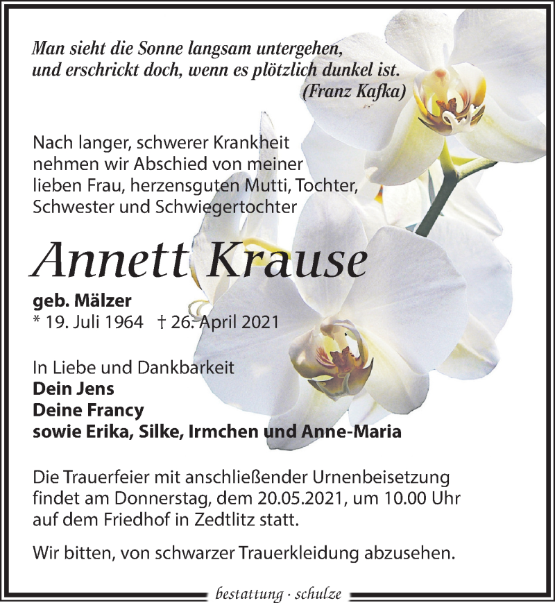  Traueranzeige für Annett Krause vom 08.05.2021 aus Leipziger Volkszeitung