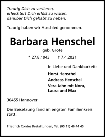 Traueranzeige von Barbara Henschel von Hannoversche Allgemeine Zeitung/Neue Presse
