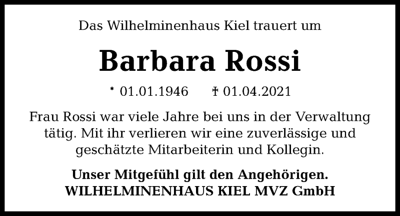  Traueranzeige für Barbara Rossi vom 08.05.2021 aus Kieler Nachrichten