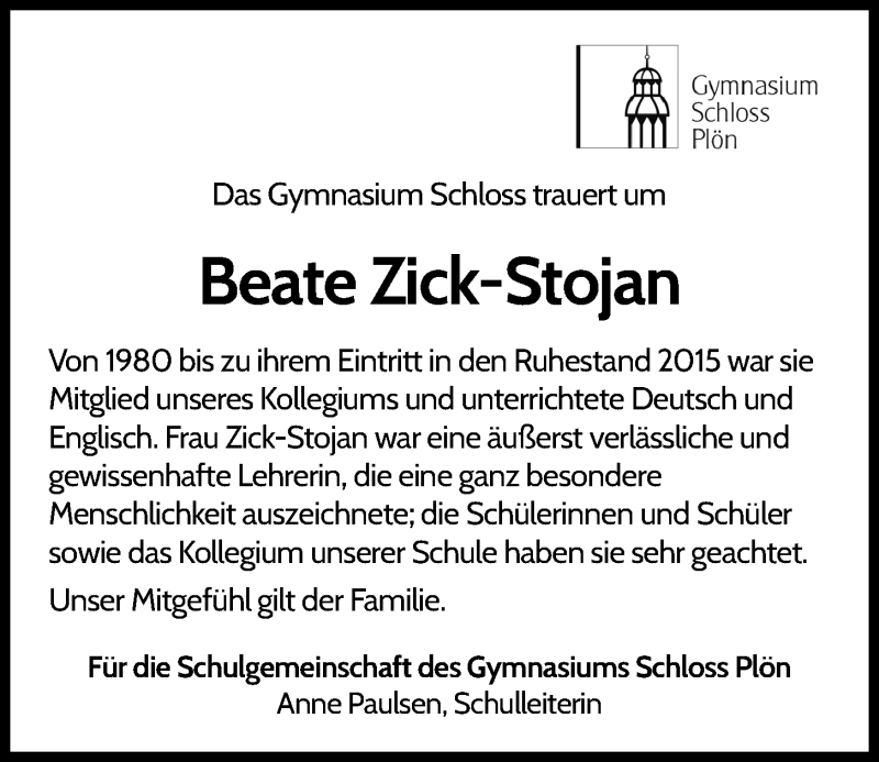  Traueranzeige für Beate Zick-Stojan vom 08.05.2021 aus Kieler Nachrichten