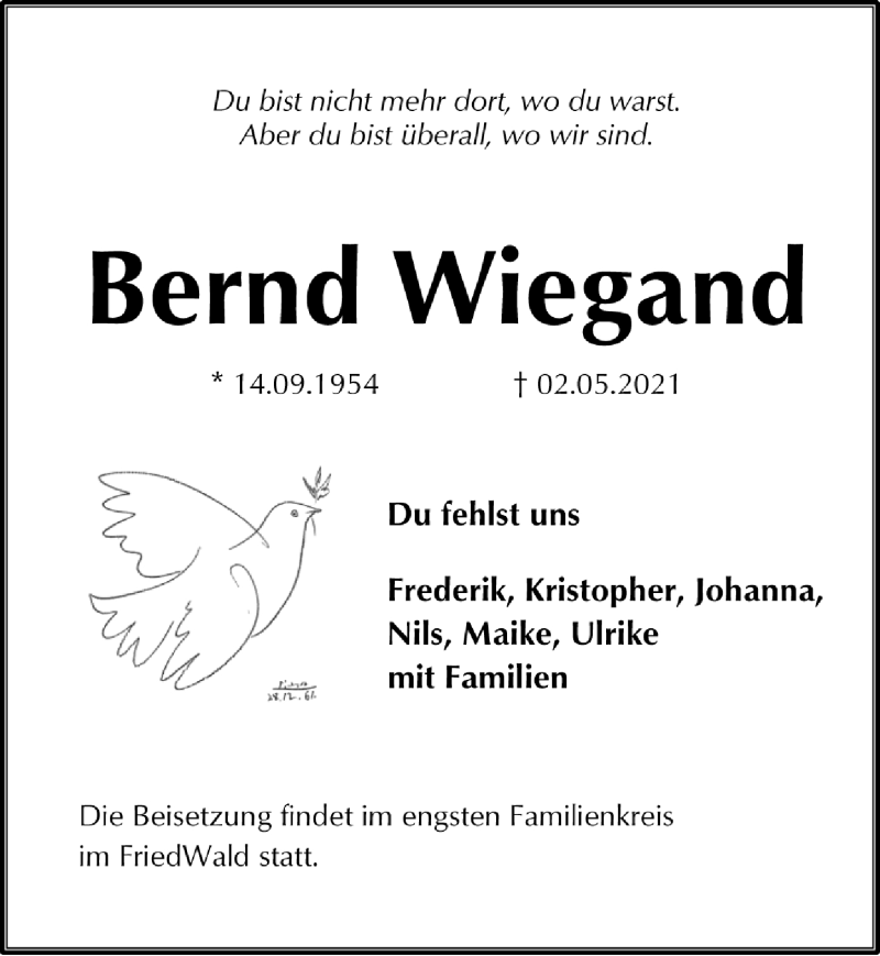  Traueranzeige für Bernd Wiegand vom 08.05.2021 aus Göttinger Tageblatt