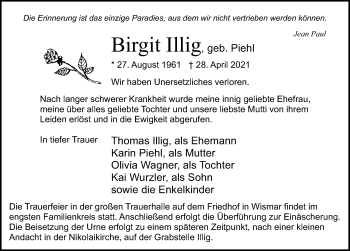 Traueranzeige von Birgit Illig von Ostsee-Zeitung GmbH