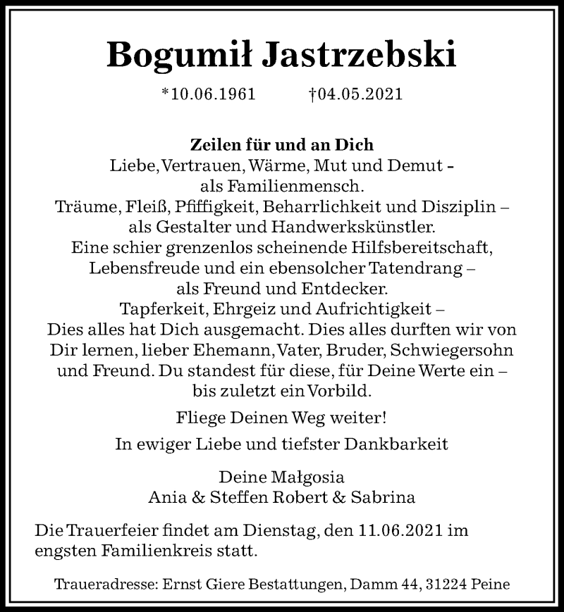  Traueranzeige für Bogumil Jastrzebski vom 08.05.2021 aus Peiner Allgemeine Zeitung