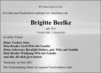 Traueranzeige von Brigitte Beelke von Ostsee-Zeitung GmbH