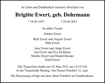 Traueranzeige von Brigitte Ewert von Ostsee-Zeitung GmbH