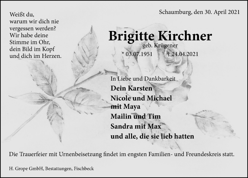  Traueranzeige für Brigitte Kirchner vom 03.05.2021 aus Schaumburger Nachrichten