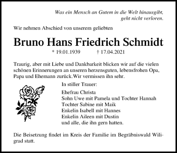 Traueranzeige von Bruno Hans Friedrich Schmidt von Ostsee-Zeitung GmbH