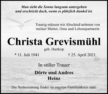 Traueranzeige von Christa Grevismühl von Lübecker Nachrichten
