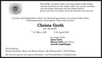 Traueranzeige von Christa Groth von Lübecker Nachrichten