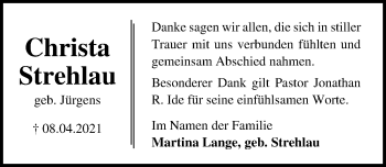 Traueranzeige von Christa Strehlau von Lübecker Nachrichten
