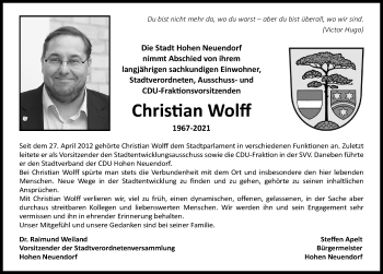 Traueranzeige von Christian Wolff von Märkischen Allgemeine Zeitung