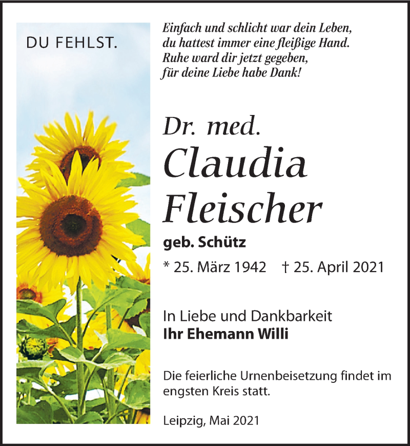 Traueranzeige für Claudia Fleischer vom 08.05.2021 aus Leipziger Volkszeitung